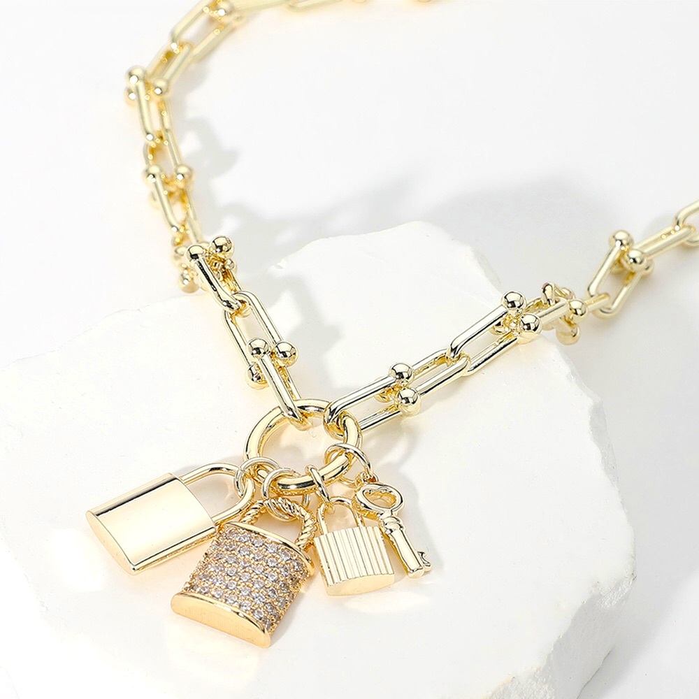 14K Gold Plated CZ Stone Paved 3 Lock Pendant Chain Statement Necklace